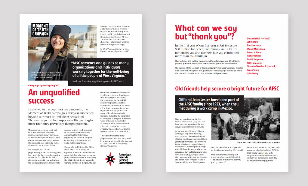 Two sample campaign newsletter layouts on a gray background.