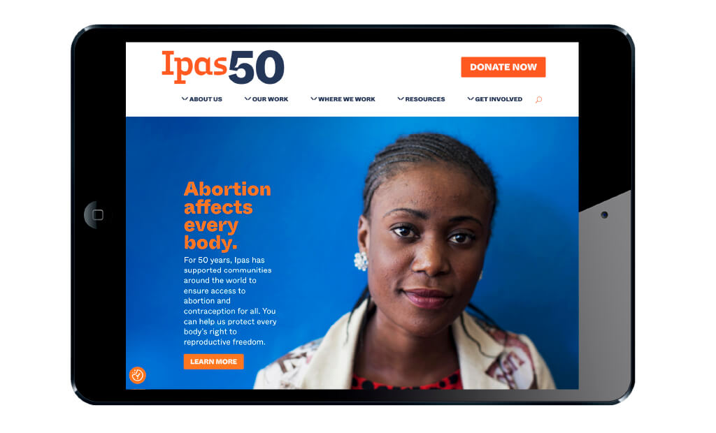 Ipas’ 50th anniversary campaign visuals displayed on their website homepage.