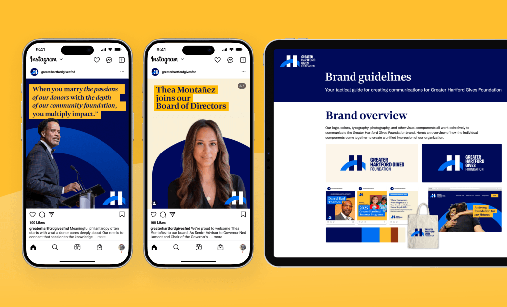 Images of Greater Hartford Gives’ mobile platform and digital brand guide.