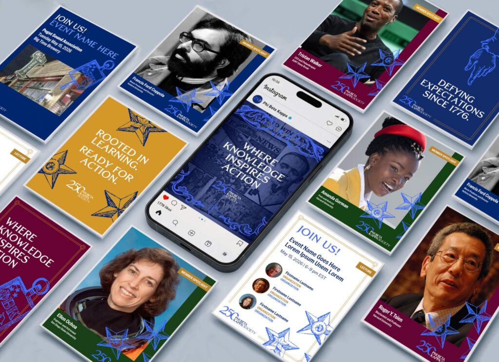 Sample social posts and templates in the campaign brand, including of notable Phi Beta Kappa members like Amanda Gorman, Ellen Ochoa, Francis Ford Coppola, and Roger Y. Tsien.