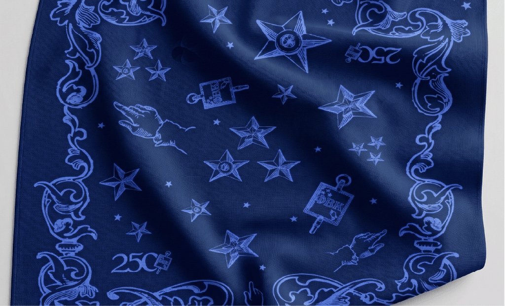 Navy Blue bandanna with 250 campaign logos and designs.